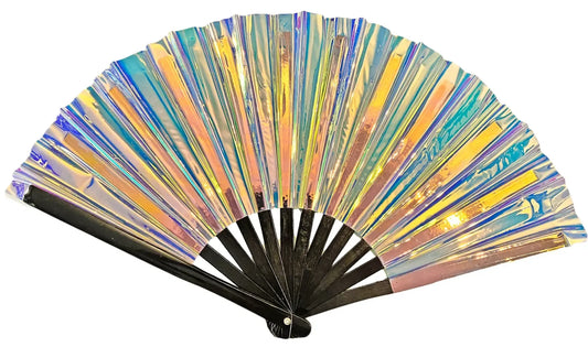 Iridescent holographic party fan with black handle and skeleton design for festive occasions