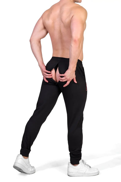 Peek-a-boo joggers black back view with split detail sleek form-fitting design and subtle red branding on side