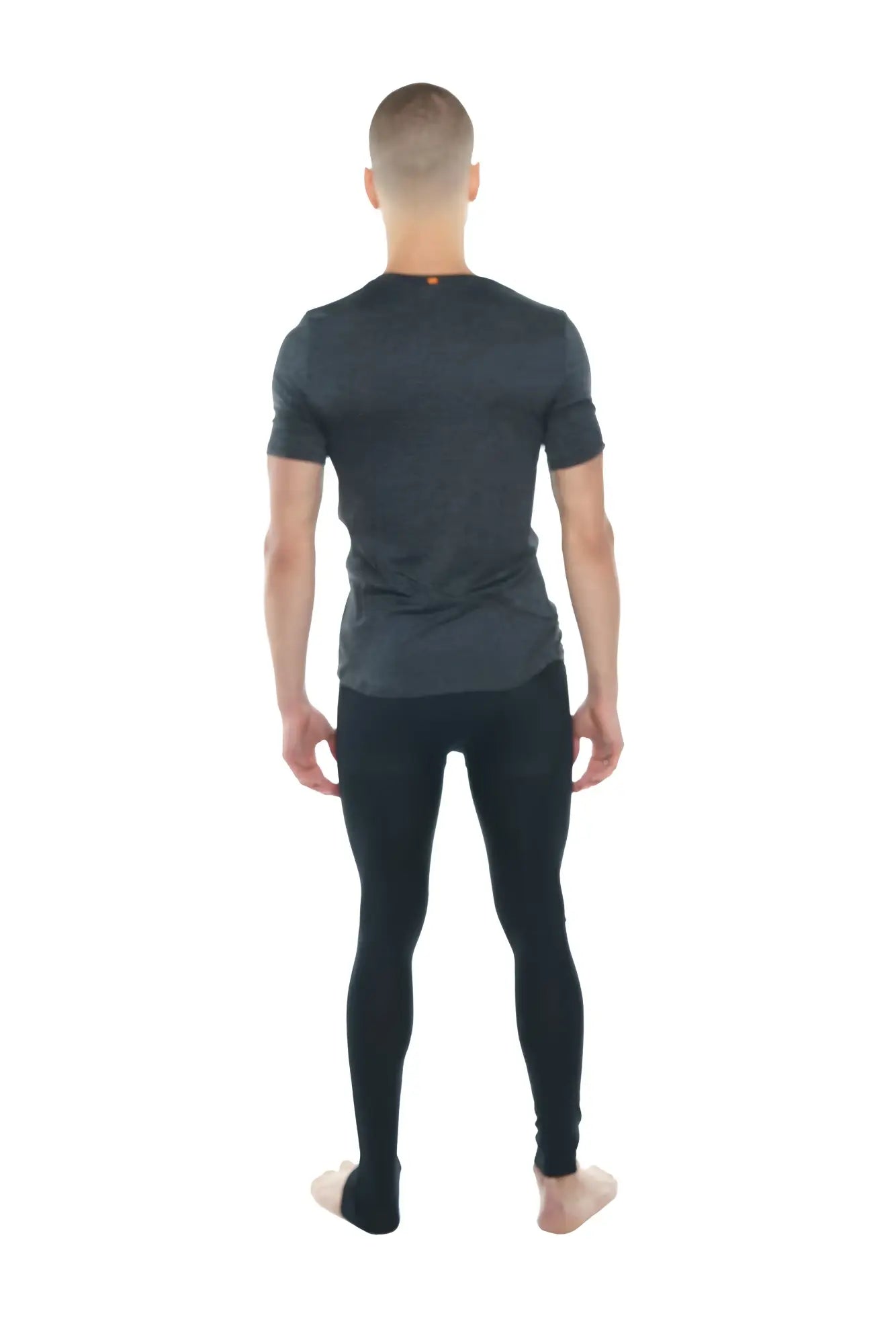 Dark gray short-sleeved athletic crew-neck tee with subtle texture and orange tag perfect pocket charcoal heather