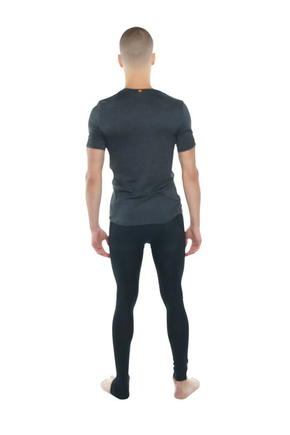 Dark gray short-sleeved athletic crew-neck tee with subtle texture and orange tag perfect pocket charcoal heather