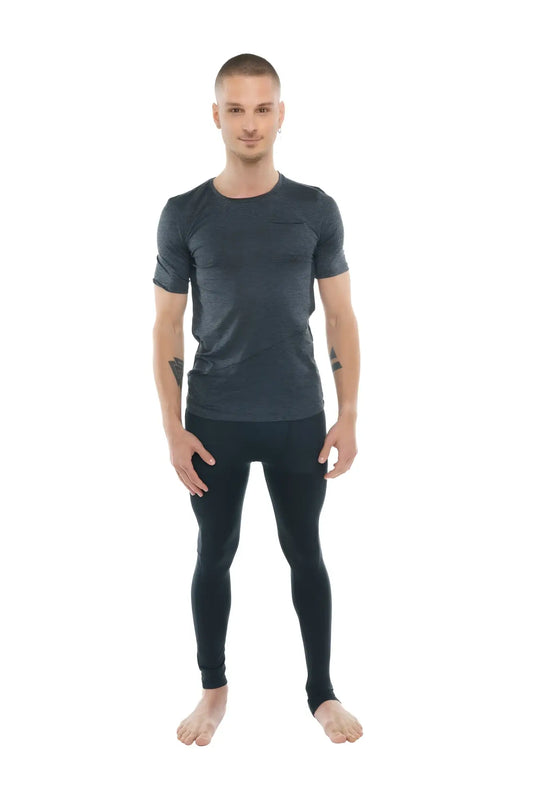 Dark gray short-sleeved athletic perfect pocket crew-neck tee with subtle textured pattern in charcoal heather