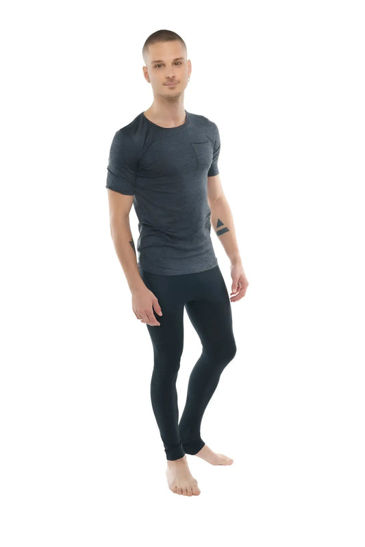 Dark gray short-sleeved athletic crew-neck tee with subtle textured fabric and small chest pocket in charcoal heather