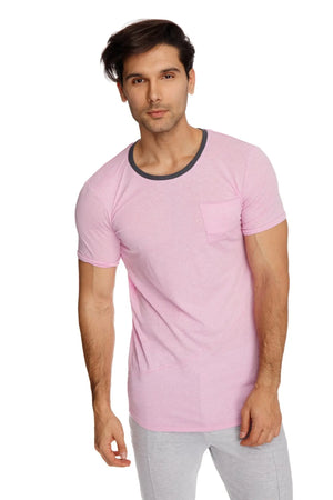 Pink perfect pocket crew-neck tee iris slub with dark gray ribbed crew neck and single chest pocket in short sleeves