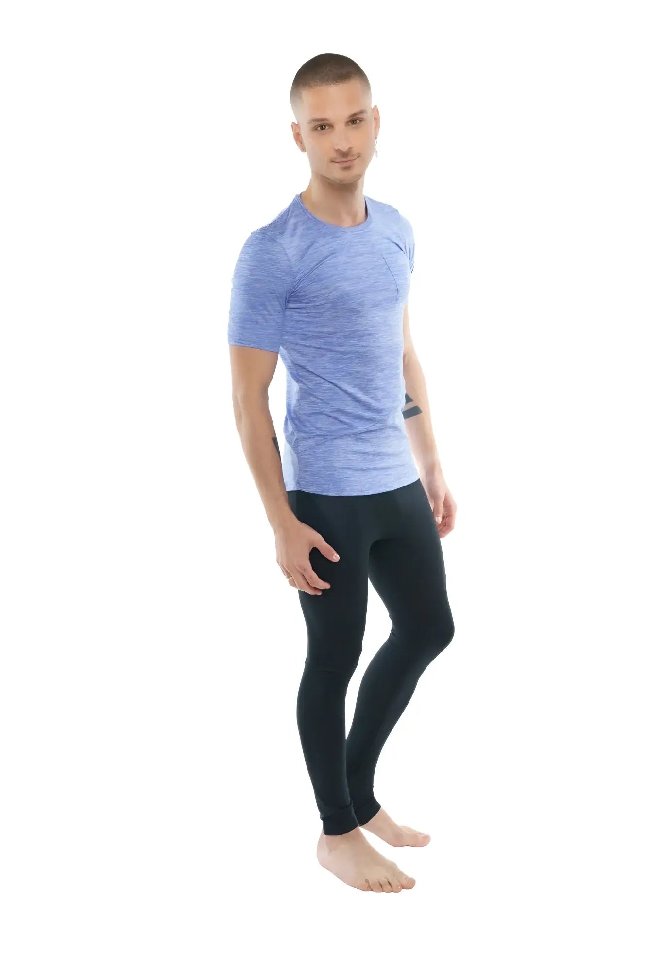 Light blue textured short sleeve athletic crew neck tee with pocket in lavender heather for active wear