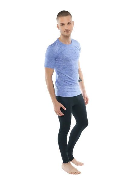 Light blue textured short sleeve athletic crew neck tee with pocket in lavender heather for active wear