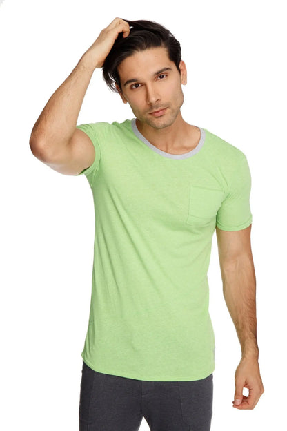 Light green perfect pocket crew-neck tee with gray ribbed neckline and chest pocket in lime slub material