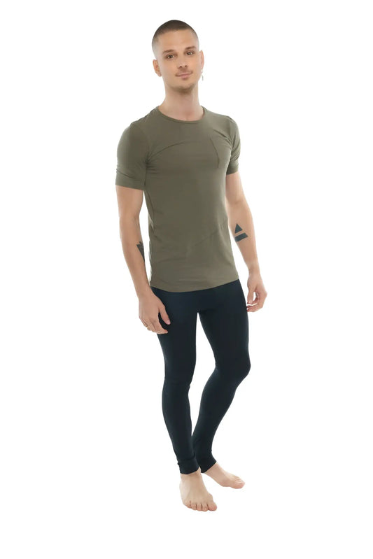 Olive green short-sleeved athletic crew-neck tee with subtle textured panels perfect for active wear