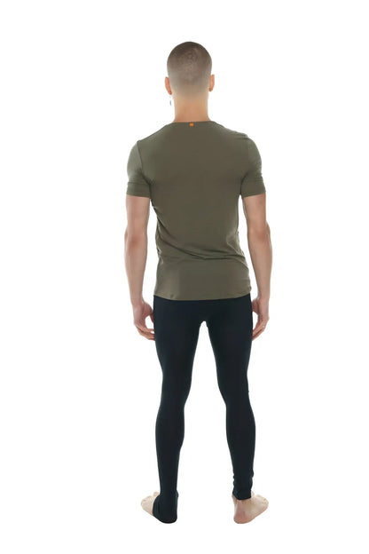 Olive green short-sleeved perfect pocket crew-neck tee with subtle orange logo at the neckline