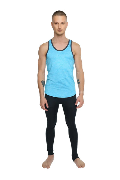 Light blue athletic tank top with black trim and subtle diagonal stitching perfect for active wear