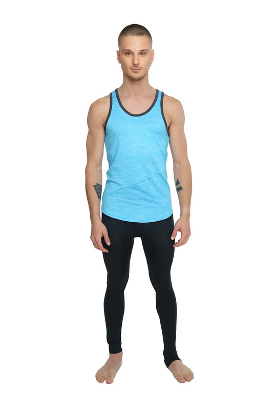 Light blue athletic tank top with black trim and subtle diagonal stitching perfect for active wear