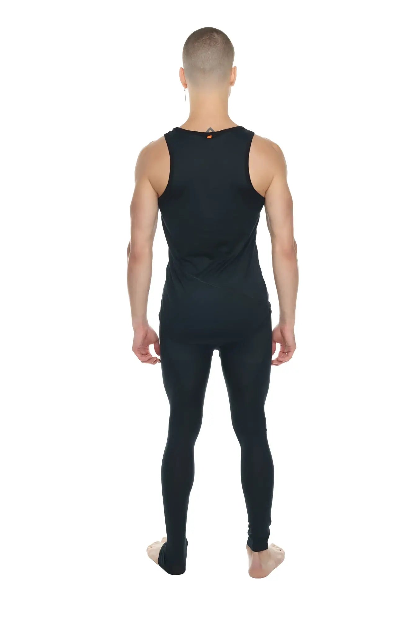 The perfect tank black carbon sleeveless fitted athletic top with a small orange accent at the neckline
