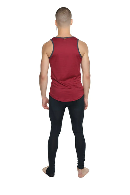 Red sleeveless tank top with dark gray trim along neckline and armholes in brick red perfect tank design