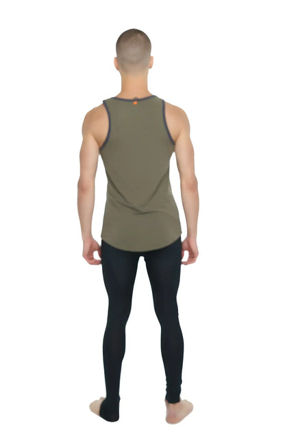 Olive green sleeveless athletic tank top with dark gray trim along neckline and armholes from the perfect tank line