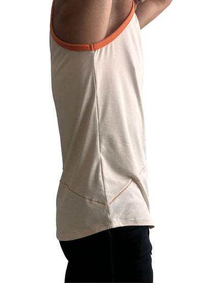 Cream-colored sleeveless tank top with contrasting orange ribbed neckline and matching hem stitching in sand beige