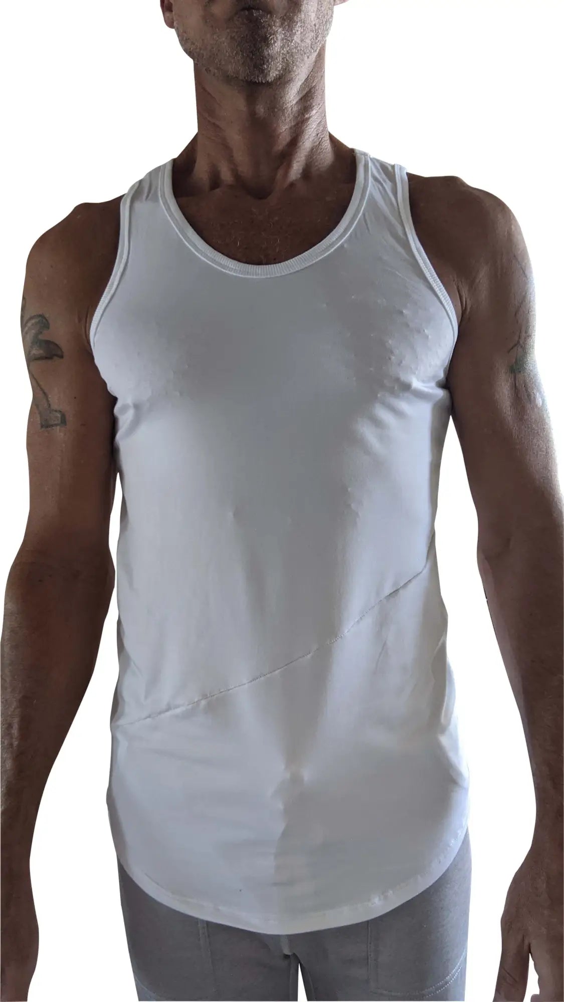 White sleeveless tank top with rounded neckline and subtle diagonal seam detail called the perfect tank white