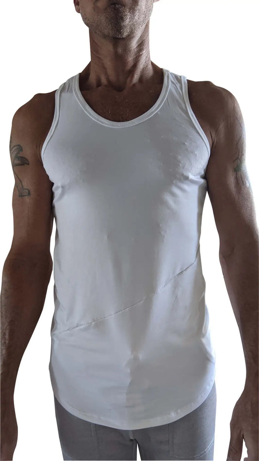 White sleeveless tank top with rounded neckline and subtle diagonal seam detail called the perfect tank white