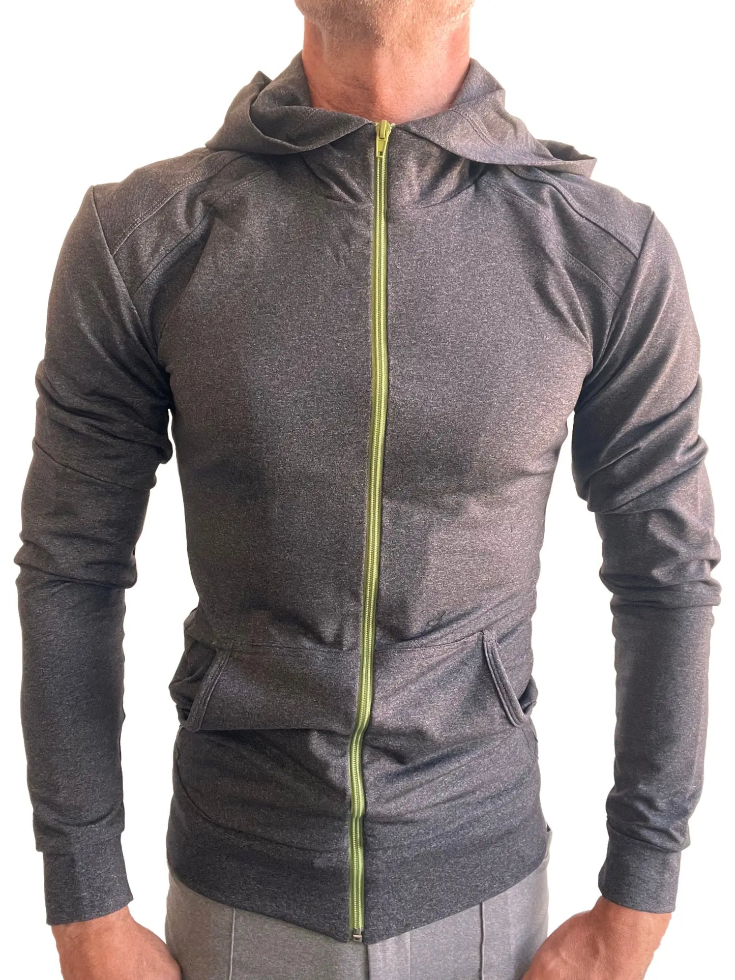 Performance premium charcoal heather form-fit yoga track hoodie with lime green zipper and front pockets
