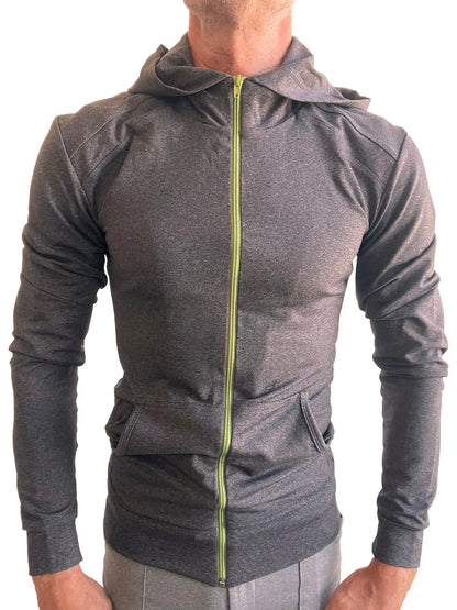 Performance premium charcoal heather form-fit yoga track hoodie with lime green zipper and front pockets