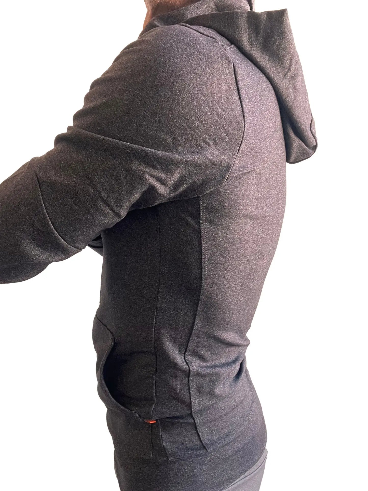 Performance premium form-fit crossover yoga track hoodie in charcoal heather with textured fabric and orange zipper pull pocket