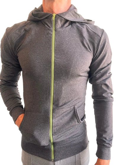 Performance-premium charcoal heather zip-up yoga hoodie with lime green zipper and front pockets for form-fit comfort