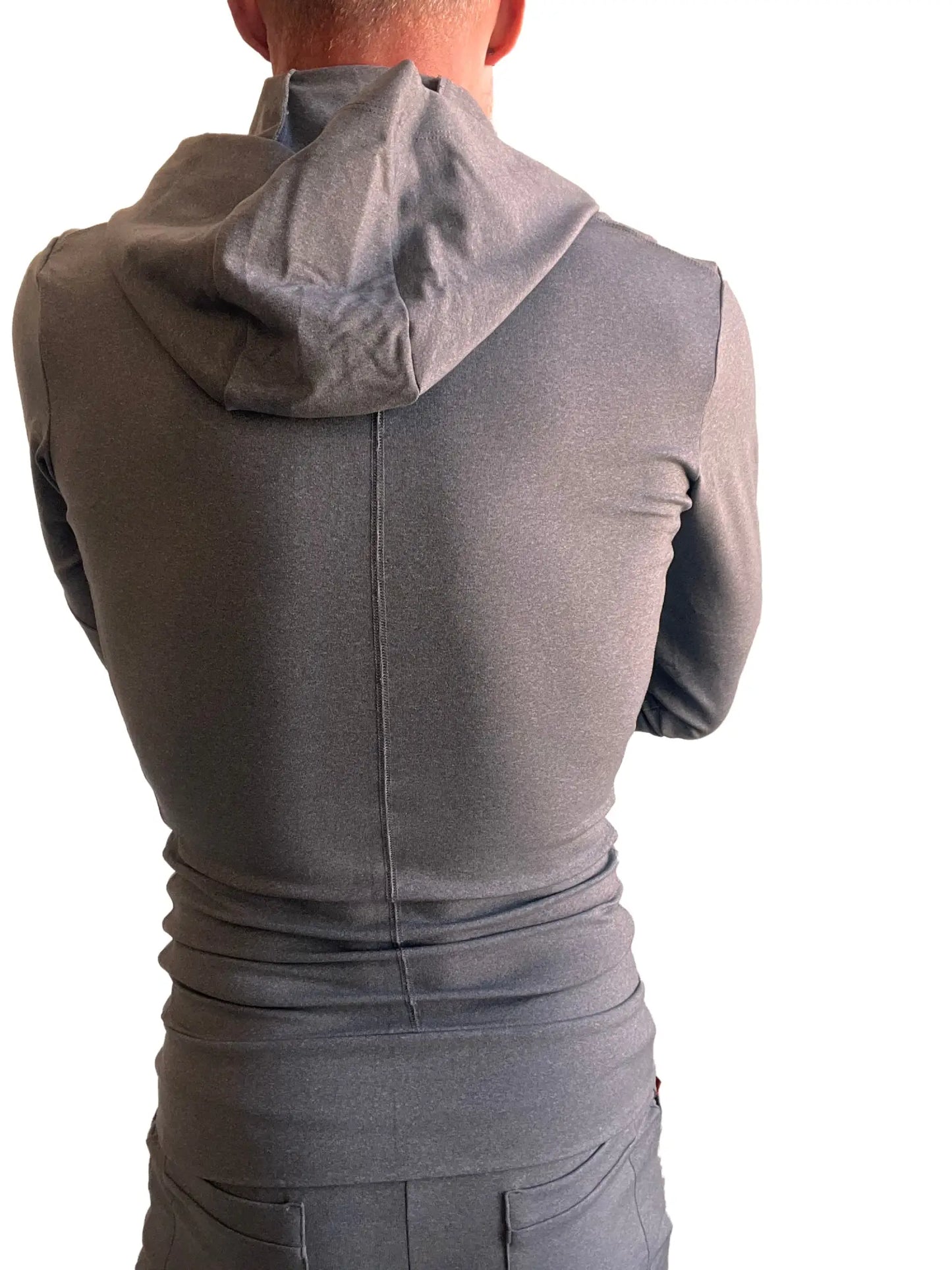 Back view of a dark gray heather performance premium sleeveless yoga top with fitted ribbed back and seam detailing