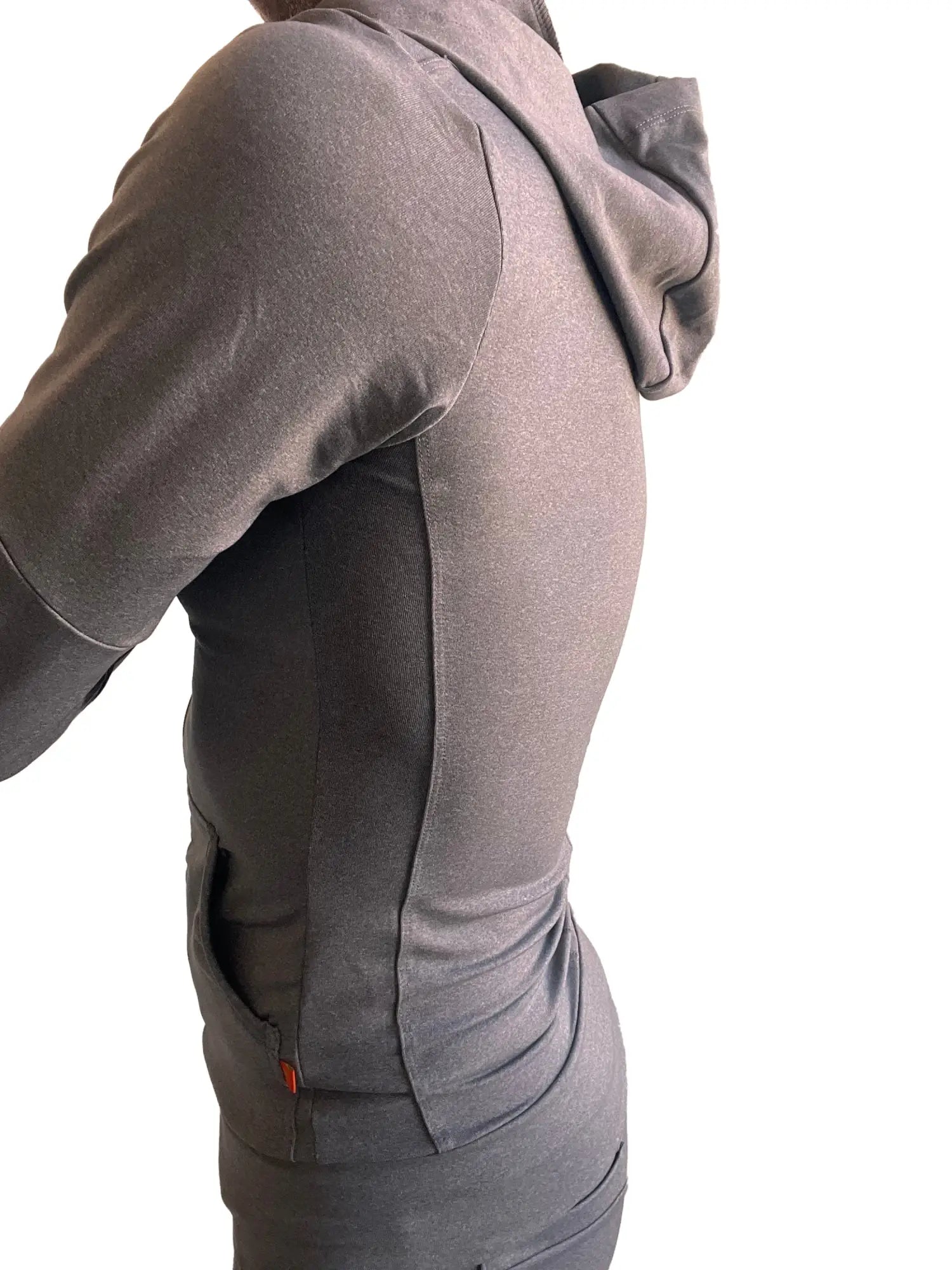 A sleek dark gray heather performance premium form-fit crossover yoga track hoodie with subtle side seam detailing