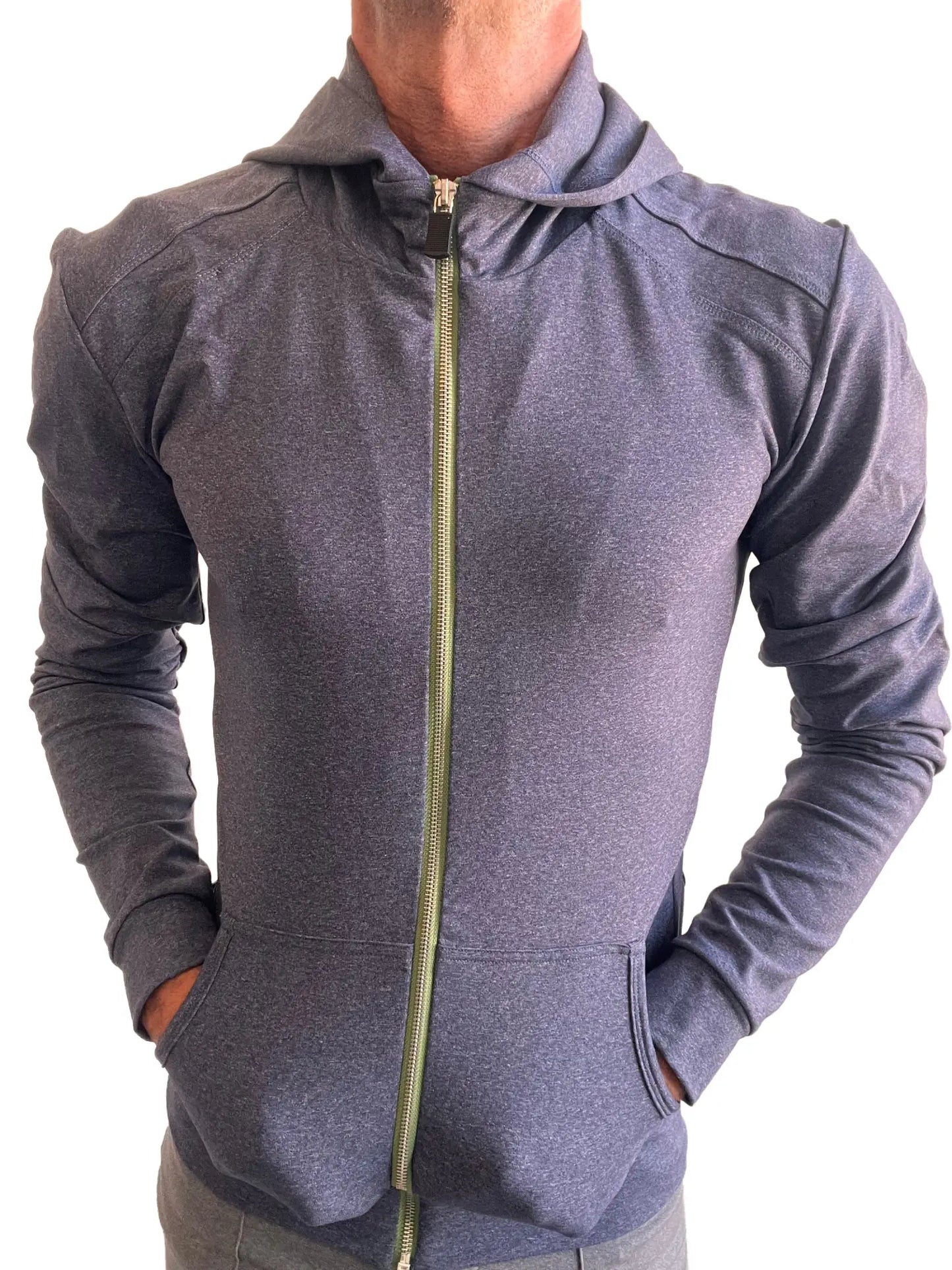 Performance premium form-fit crossover yoga track hoodie in dark heather gray with olive green zipper and pockets