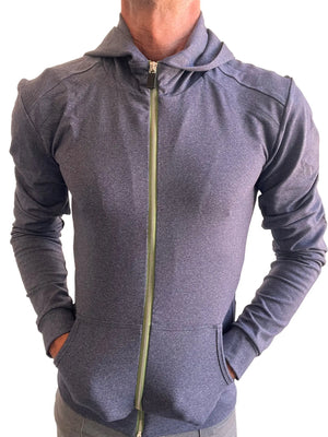 Performance premium form-fit crossover yoga track hoodie in dark heather gray with olive green zipper and pockets