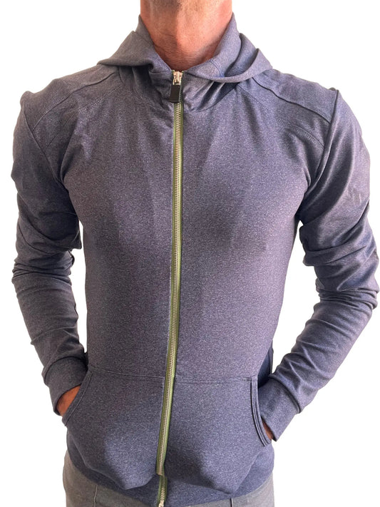 Performance premium form-fit crossover yoga track hoodie in dark heather gray with olive green zipper and pockets