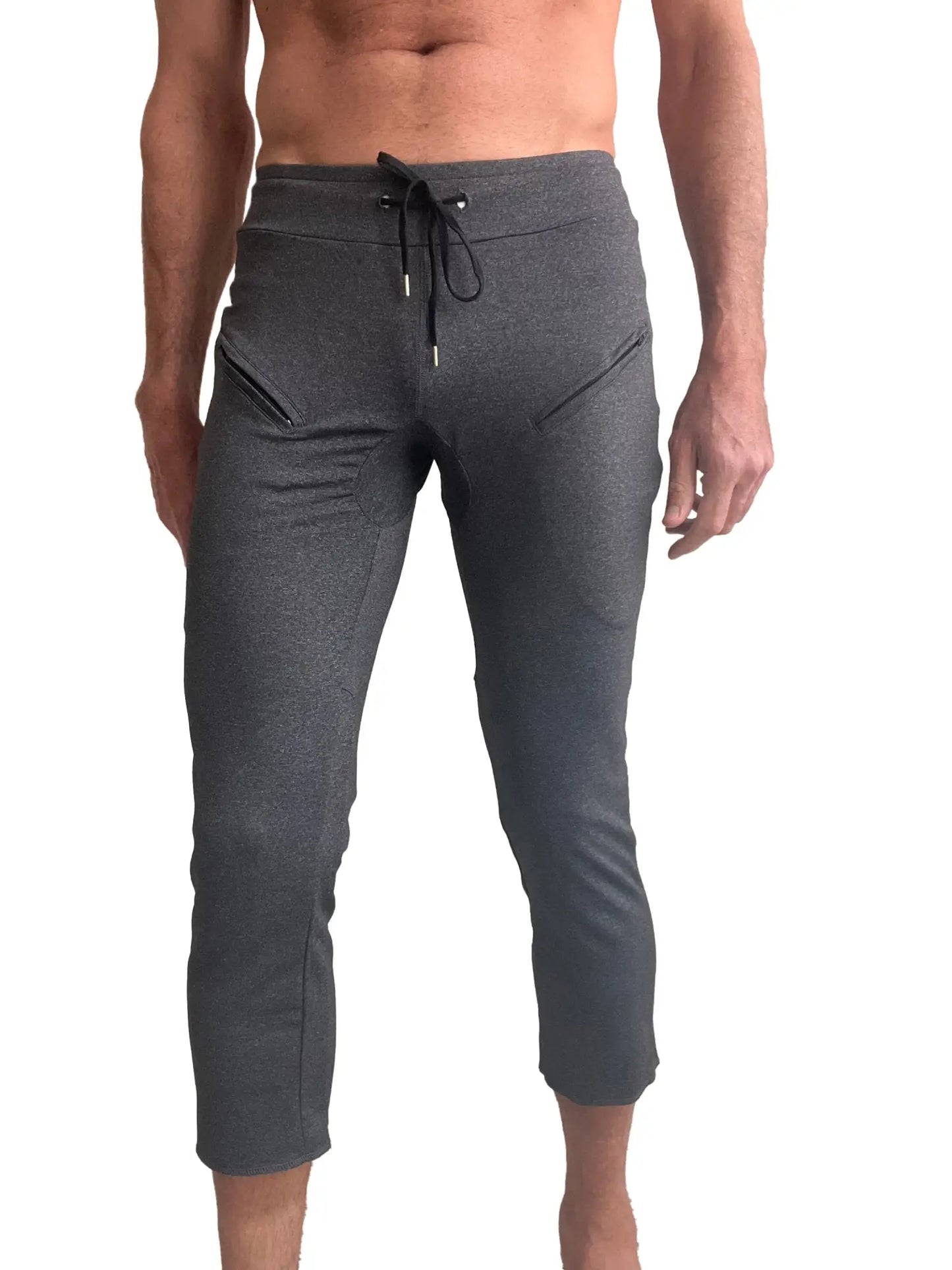 Performance premium mens charcoal heather jogger pants with black drawstring waistband and side pockets