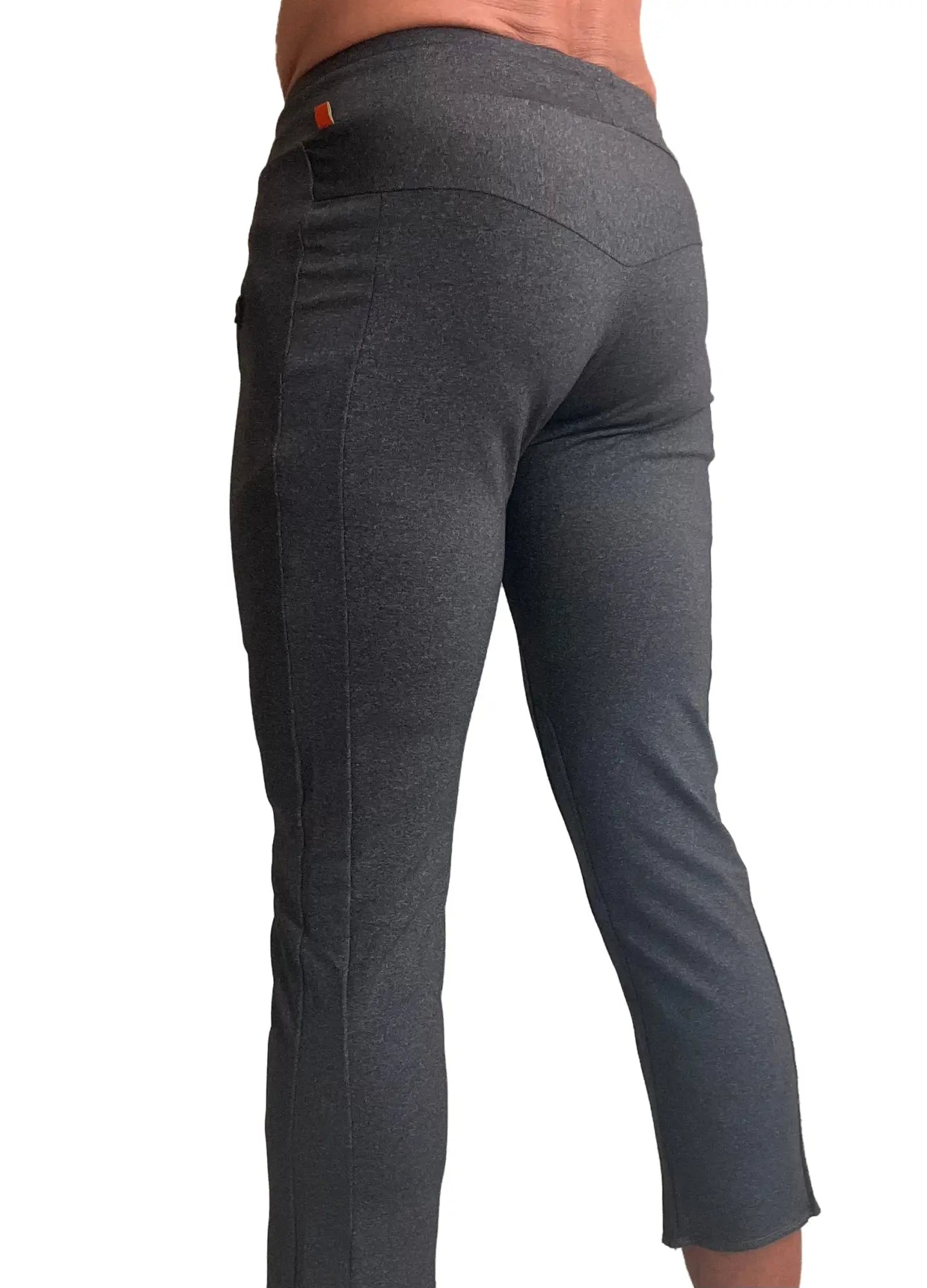 Performance premium mens charcoal heather leggings with snug fit and orange brand tag at waistband for yoga
