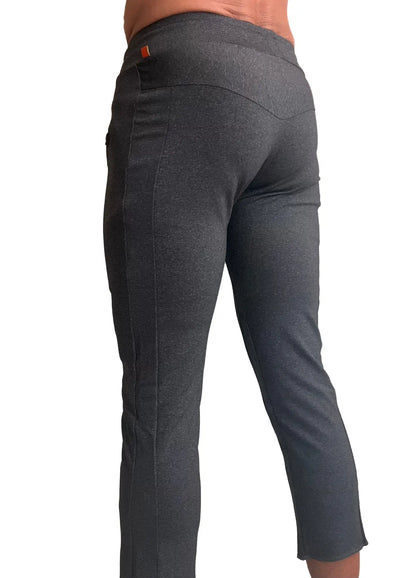 Performance premium mens charcoal heather leggings with snug fit and orange brand tag at waistband for yoga