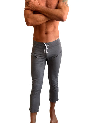Performance premium mens dark grey heather athletic capri yoga pants with white drawstring waistband and side pockets
