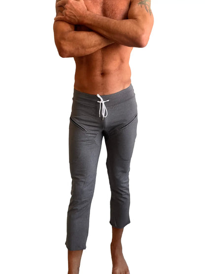 Performance premium mens dark grey heather athletic capri yoga pants with white drawstring waistband and side pockets