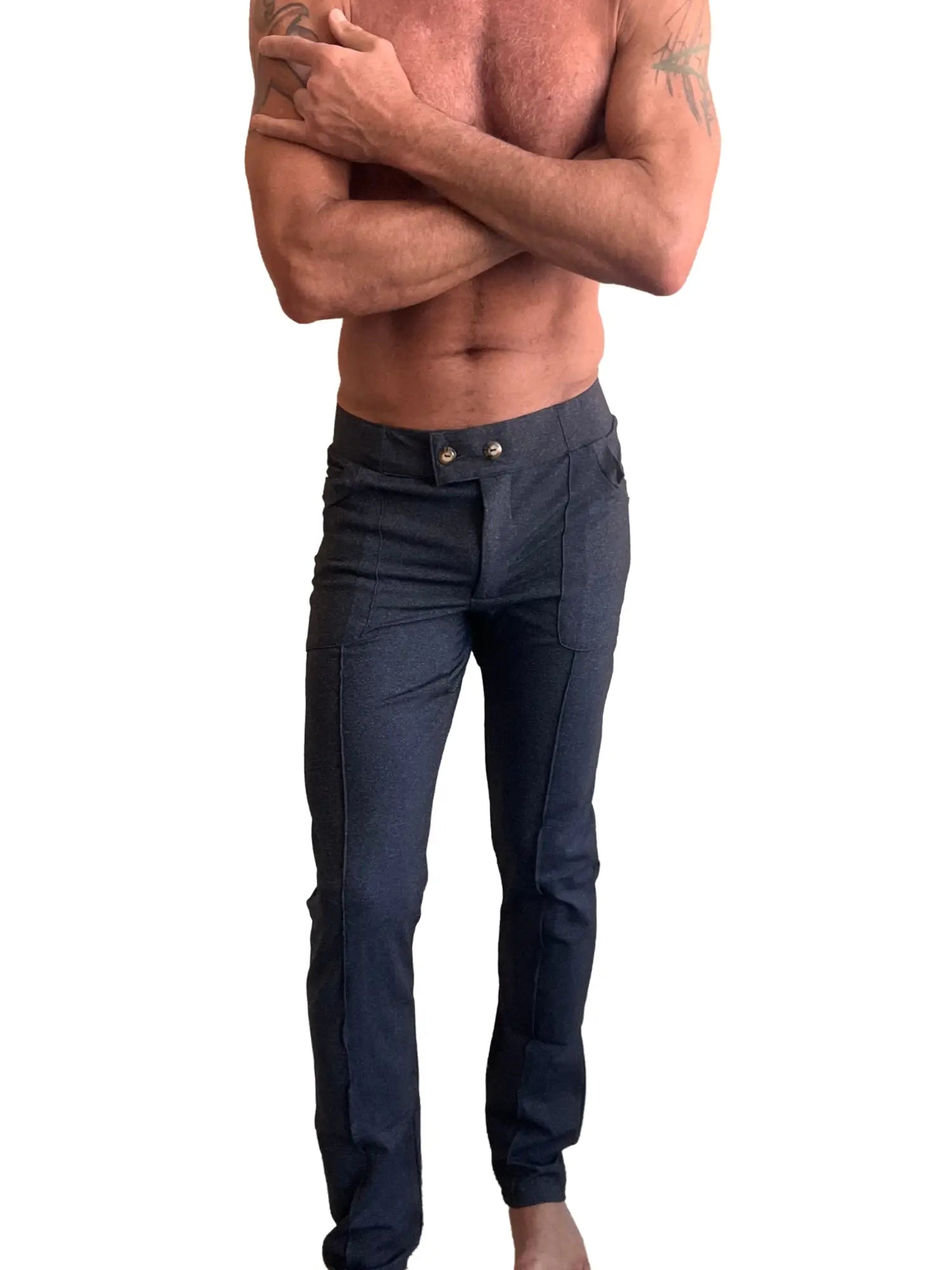 Dark blue tailored fit denim pants with buttoned waistband from performance premium tactical urban dress pant yoga pant charcoal heather