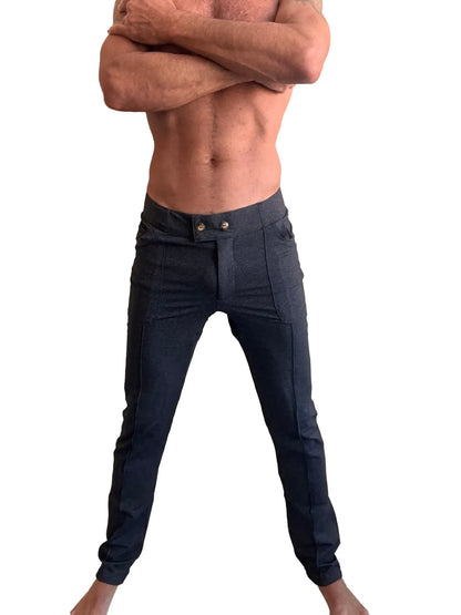 Dark blue denim performance premium tactical urban dress pant with modern slim fit and buttoned fly detail
