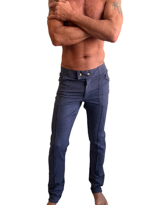Dark blue denim performance-premium tactical urban dress pant yoga pant in slim-fit with subtle stitching details