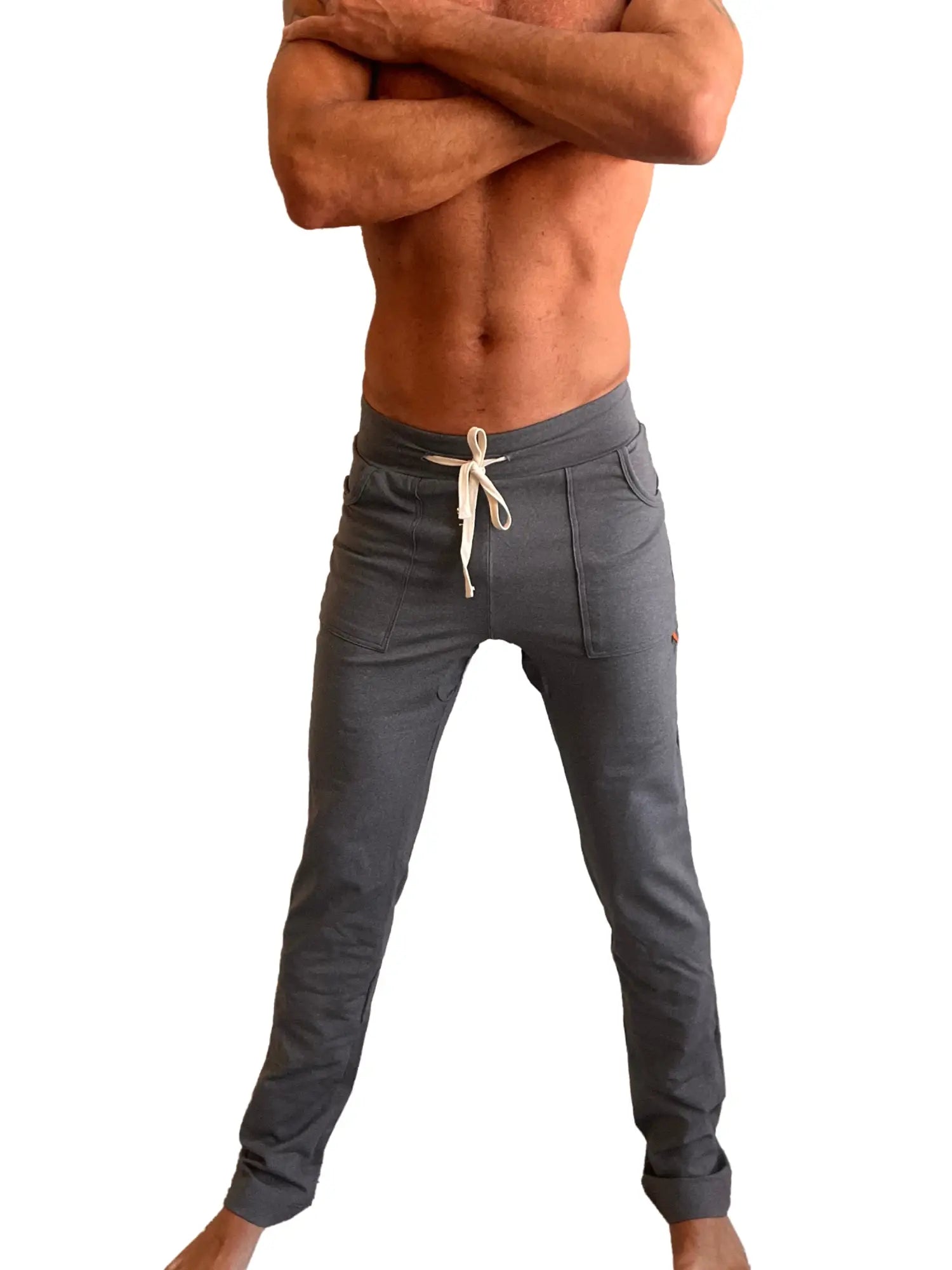 Gray performance premium track and lounge sweat pant with white drawstring and side pockets in dark heather gray