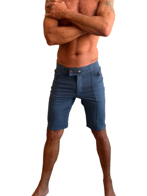Performance premium urban tactical dress shorts in coral blue heather with buttoned fly and side pockets made of blue denim