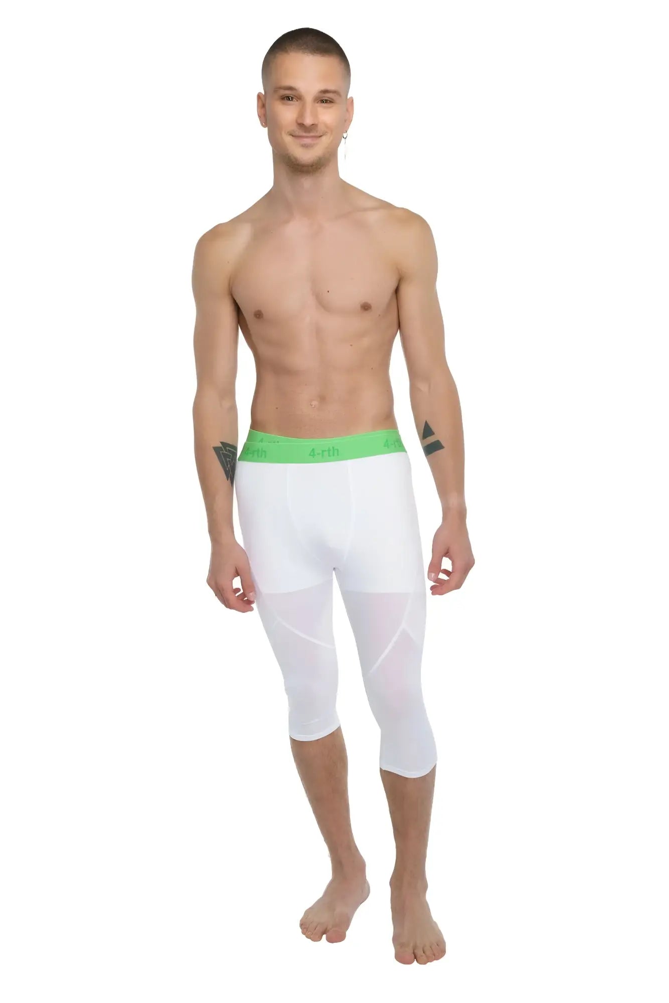White capri-length performance yoga leggings in arctic white with a bright green elastic waistband designed for active use