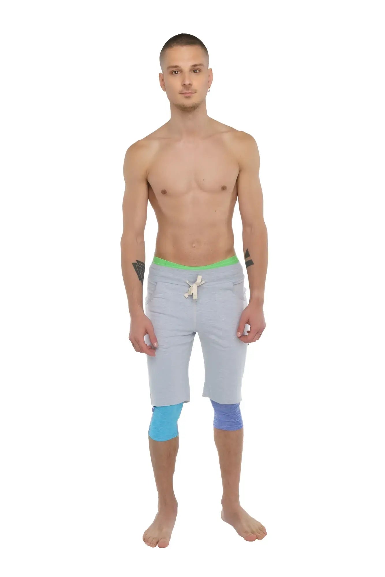 Performance yoga leggings 3/4 in lavender heather with light gray shorts bright green waistband and blue knee patches