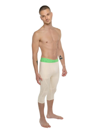 Performance yoga leggings 3/4 sand beige cream capri leggings with bright green waistband featuring brand name