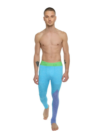 Performance yoga leggings in turquoise heather with a purple gradient accent and lime green waistband.