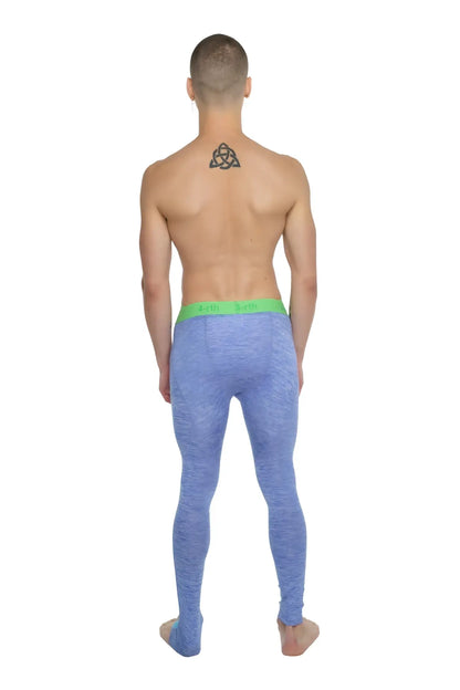 Performance yoga leggings long in blue textured fabric with a bright green waistband for enhanced comfort
