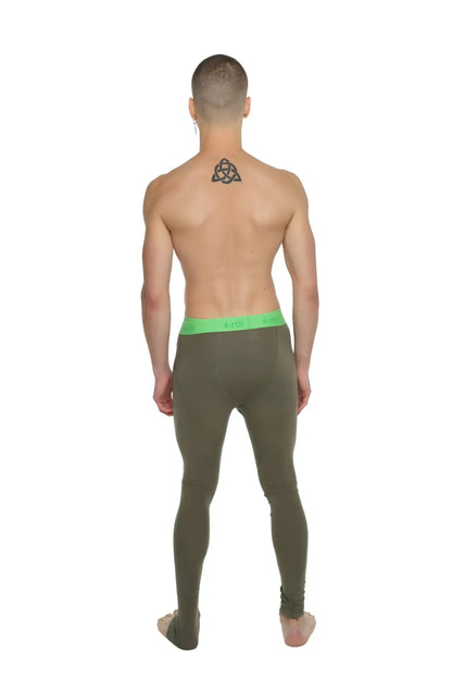 Olive green performance yoga leggings long with bright neon green waistband for compression and flexibility