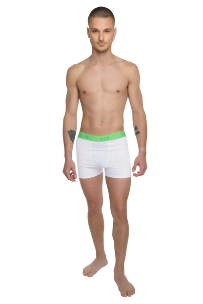 White boxer briefs with bright green elastic waistband designed for performance yoga leggings in arctic white color
