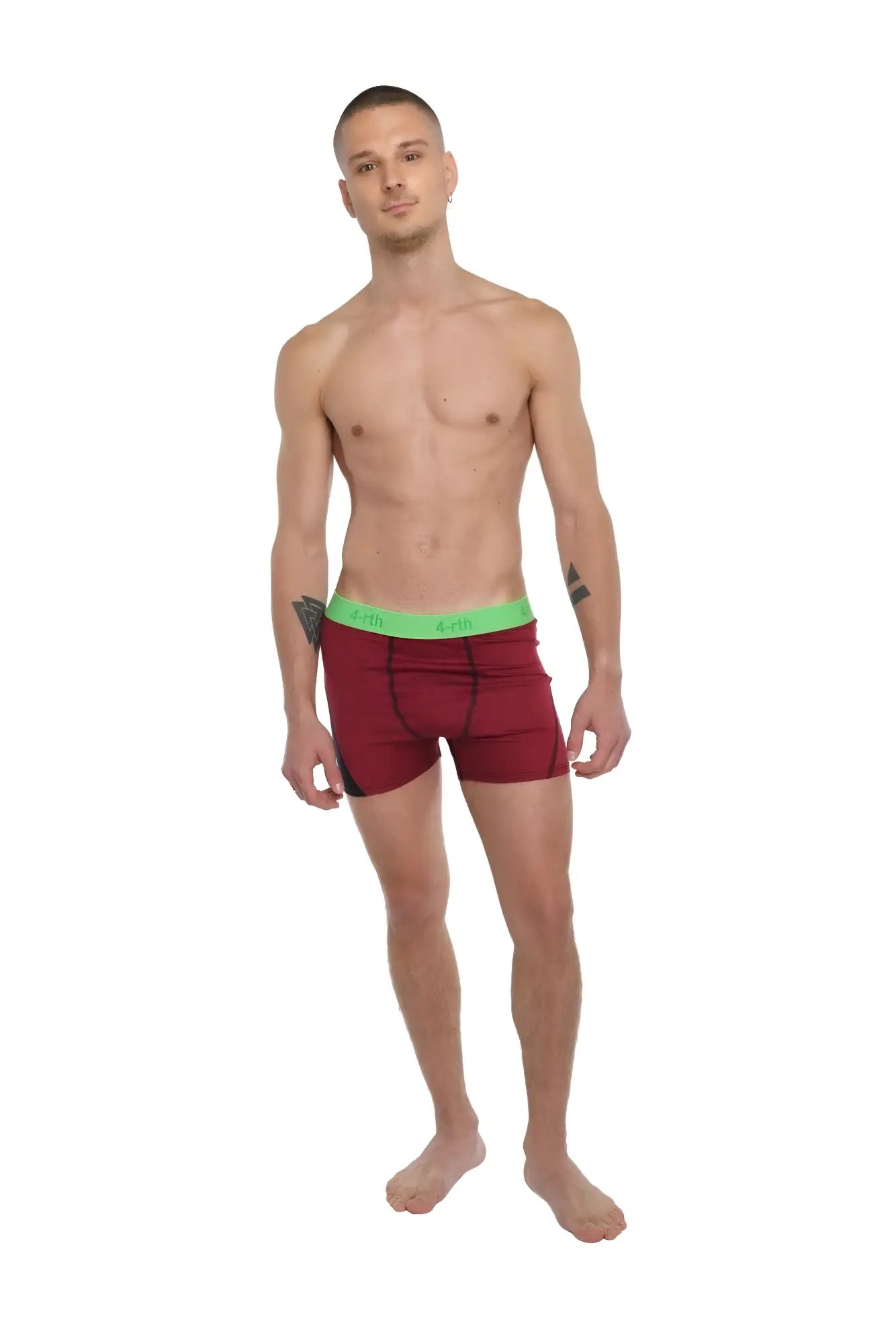 Performance yoga leggings short brick red heather with maroon boxer briefs and bright green elastic waistband visible