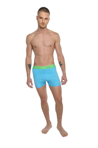 Bright blue boxer briefs with lime green waistband designed for performance yoga leggings coral heather collection