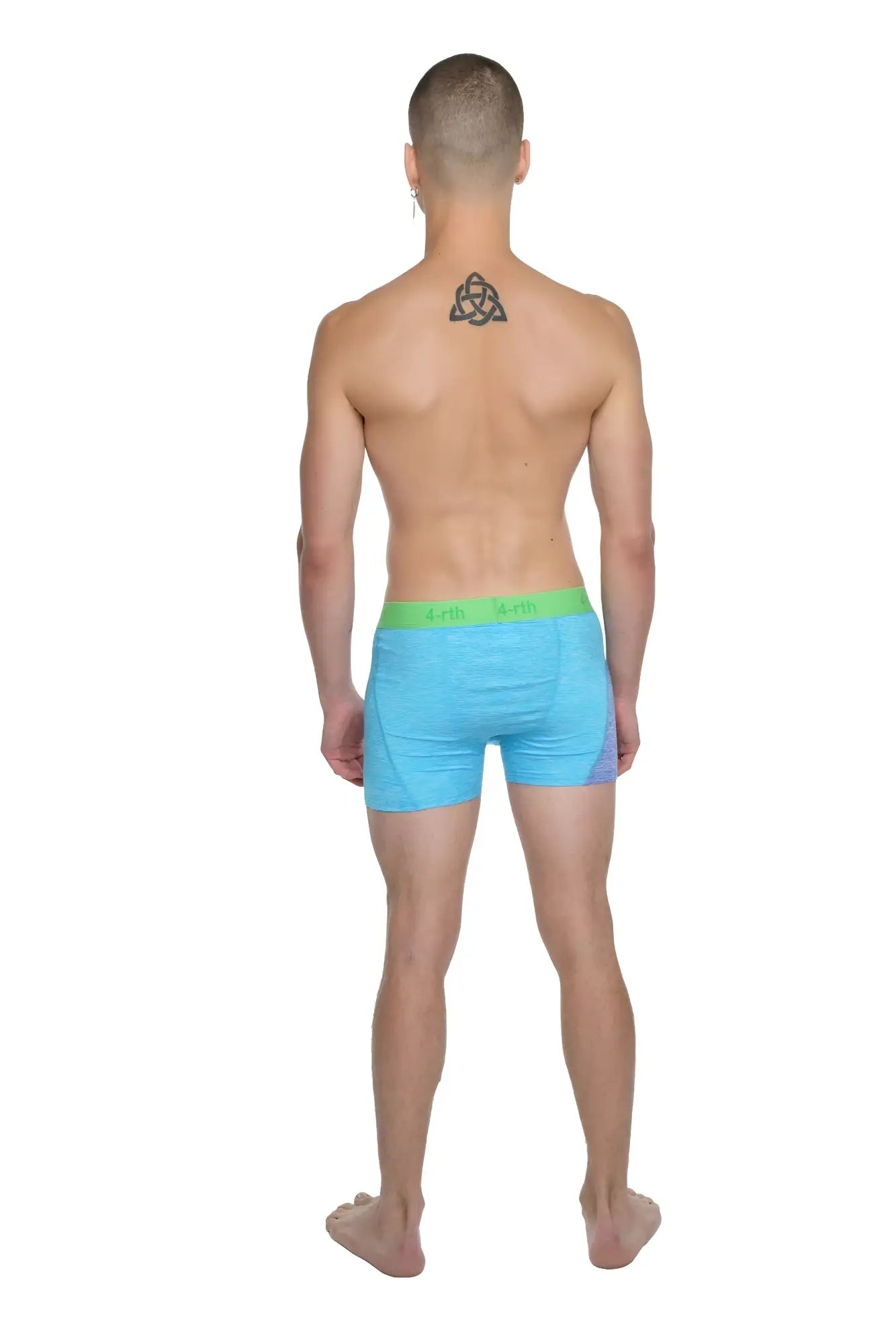 Light blue boxer briefs with bright green elastic waistband shown with performance yoga leggings short coral heather