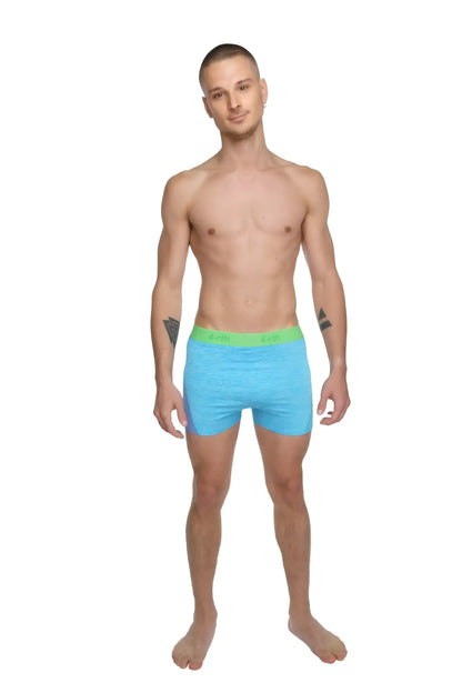 Light blue boxer briefs with bright green waistband shown with performance yoga leggings short coral heather background